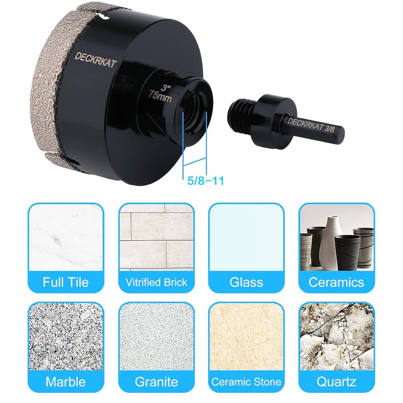DECKRKAT Diamond Hole Saw, 3" Hole Saw for Tiles Granite Marble Ceramic Glass Porcelain, 75mm Core Drill Bit with 5/8-11 Thread and 3/8” Hex Shank Adapter for Angle Grinders & Drills - Image 5